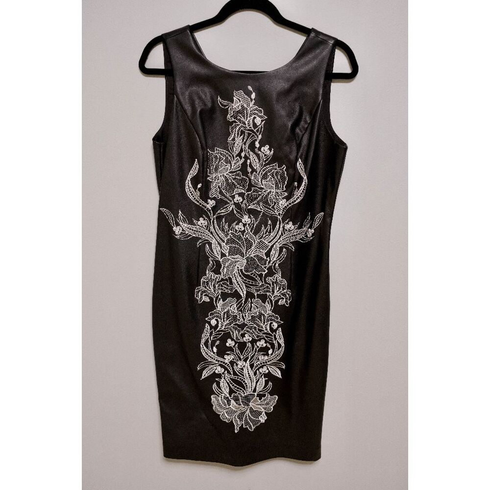 White House Black Market Faux Leather Floral Embroidered Sheath Dress – Size 6 ✨